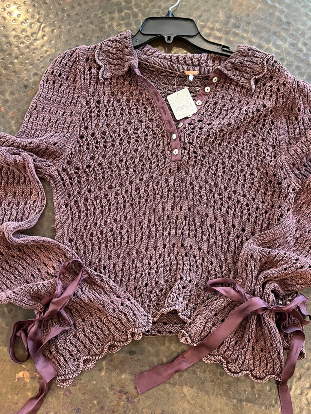Free People Mauve Crochet Knit Ribbon-Cuff Pullover
